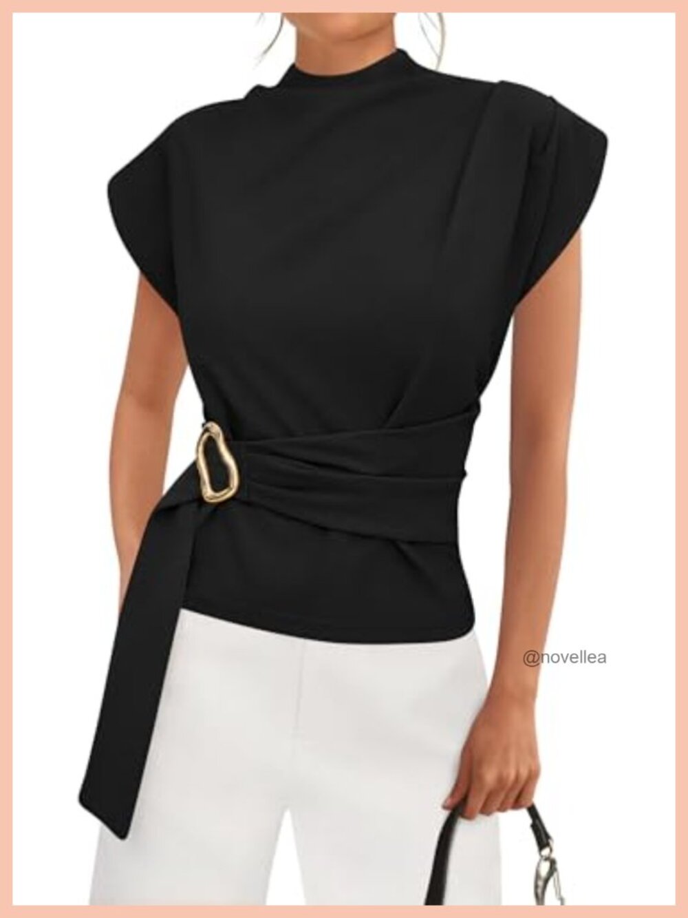 Women's Knit Tunic Top Mock Neck Cap Sleeve Back Zipper Gold Buckle